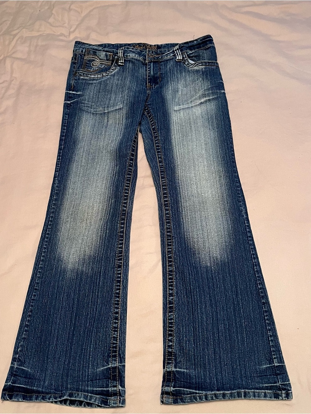 Side Street Woman’s Y2K Low Rise Wide-Leg Flare Jeans with Fading & Embroidery